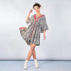 Tribal print boho maxi dress with red embroidered trim wholesale