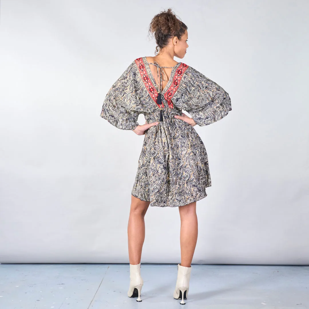 Tribal print boho maxi dress with red embroidered trim wholesale