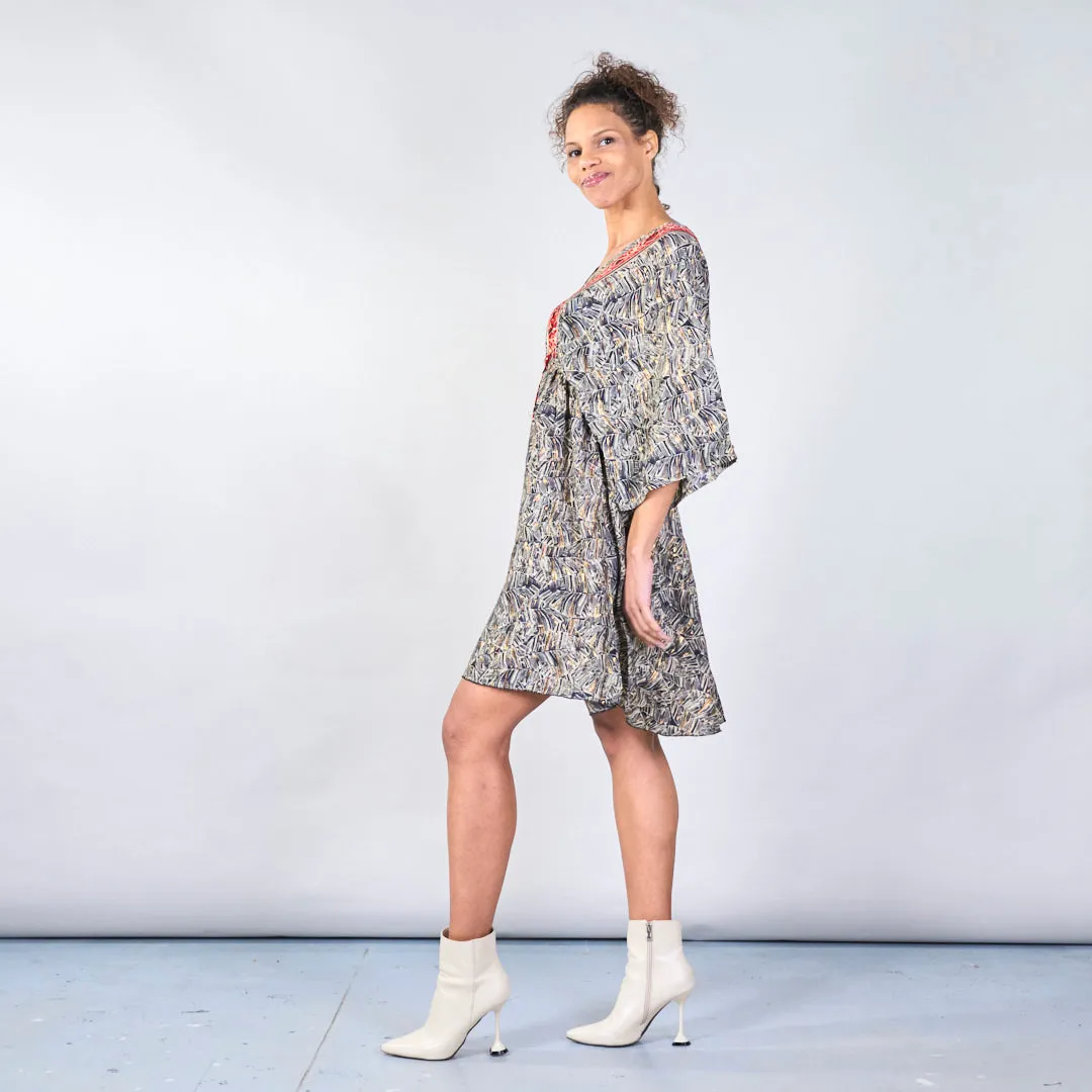 Tribal print boho maxi dress with red embroidered trim wholesale