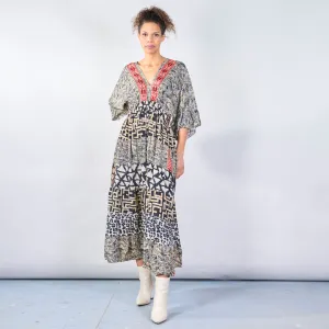 Tribal print boho maxi dress with red trim wholesale