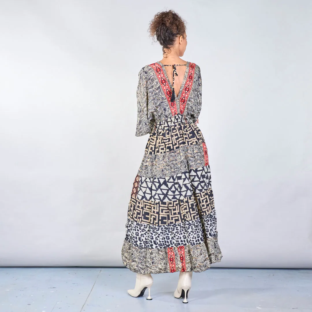Tribal print boho maxi dress with red trim wholesale