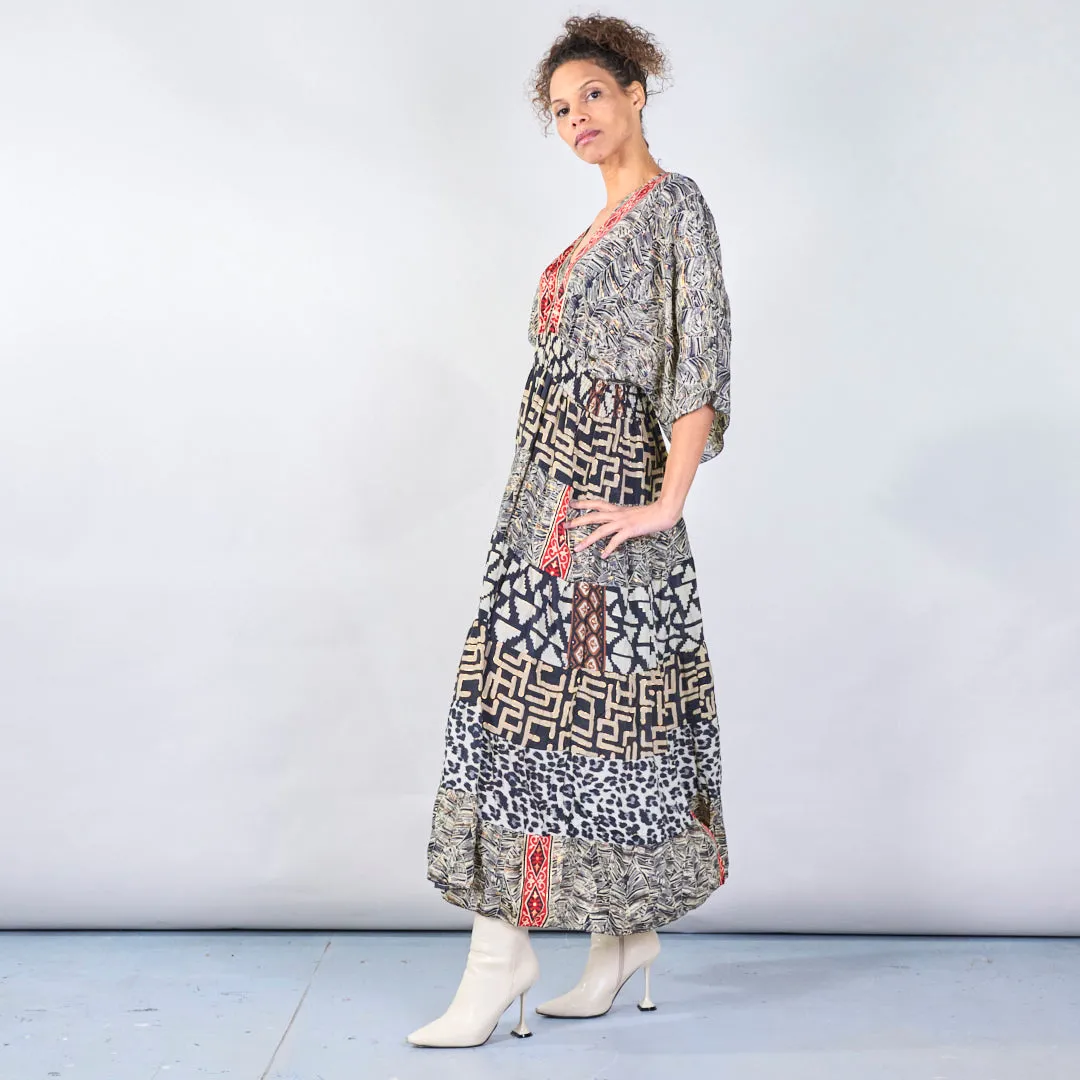 Tribal print boho maxi dress with red trim wholesale