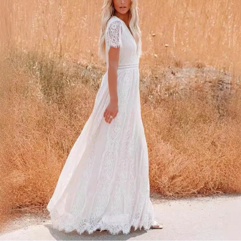 V-Neck Half Sleeves Lace Bohemian Floor Length Maxi Dress