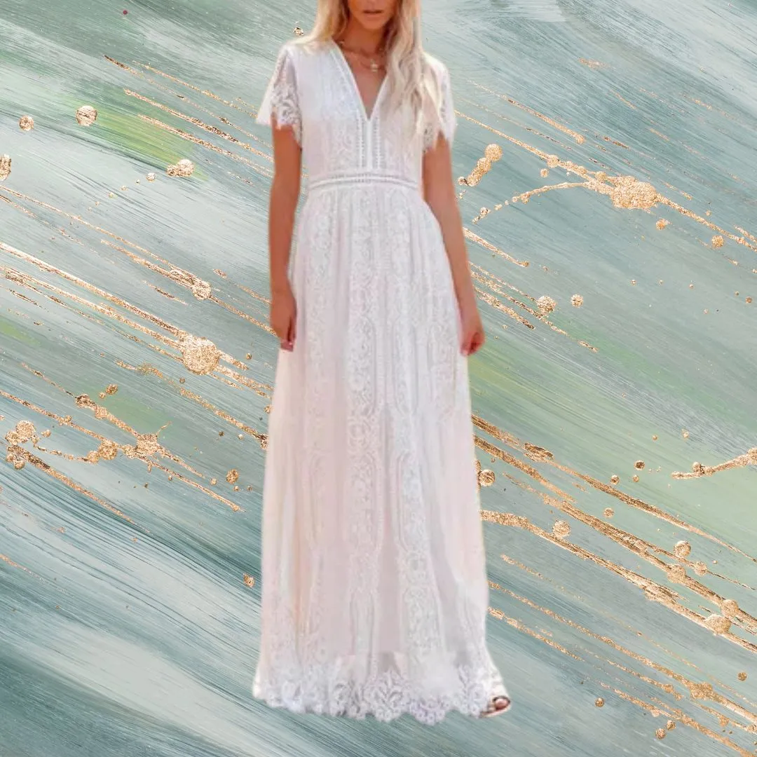 V-Neck Half Sleeves Lace Bohemian Floor Length Maxi Dress