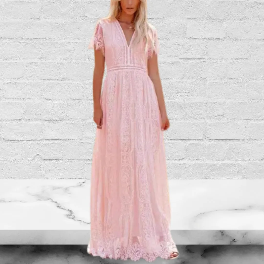 V-Neck Half Sleeves Lace Bohemian Floor Length Maxi Dress