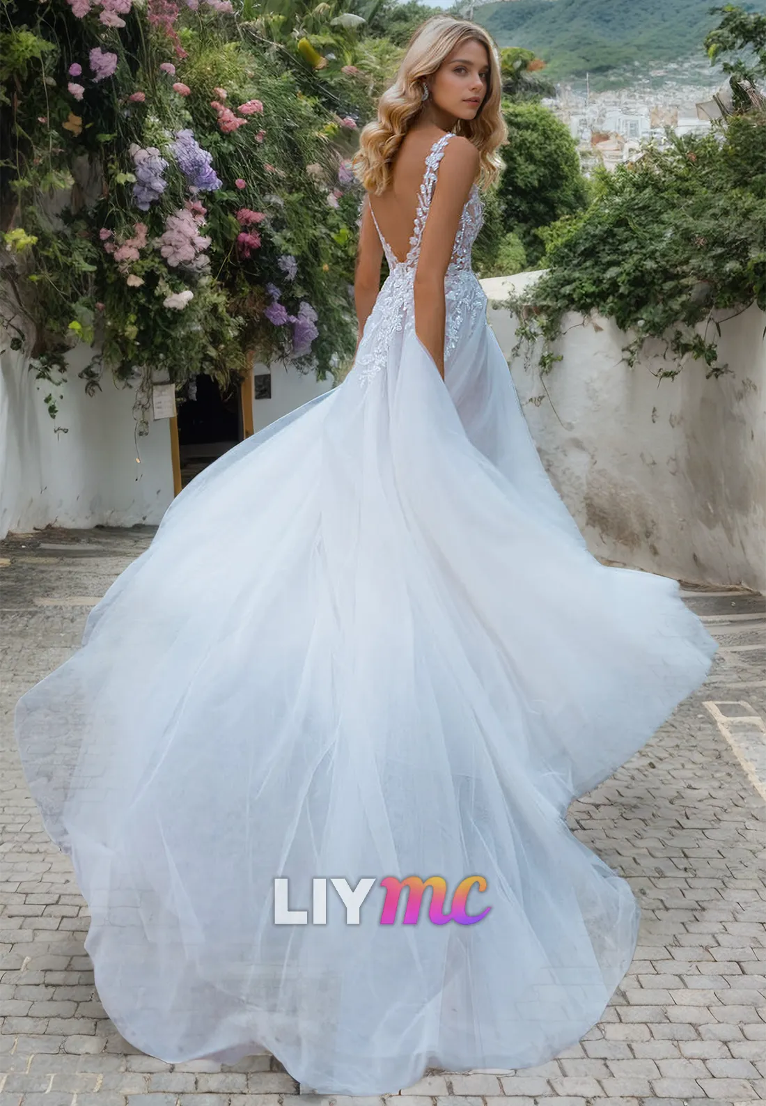 V-Neck Sleeveless Appliques Open Back A-Line Beach Wedding Dress