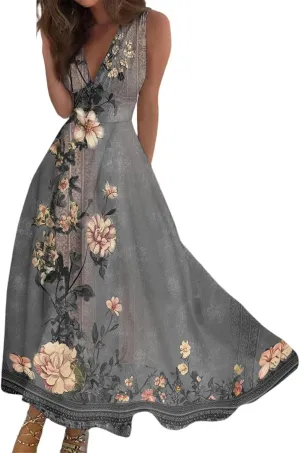Vacation Dresses for Women 2025 Summer Beach Plus Size V-Neck Sleeveless Fashion Flowy Floral Printing Long Dress Blues