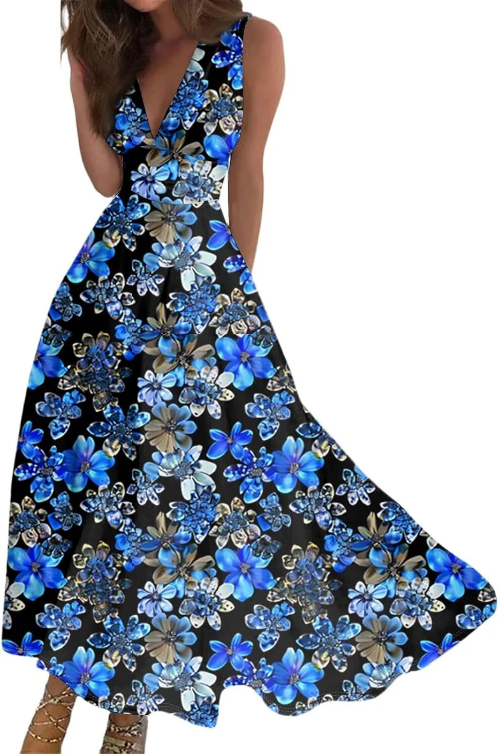 Vacation Dresses for Women 2025 Summer Beach Plus Size V-Neck Sleeveless Fashion Flowy Floral Printing Long Dress Blues