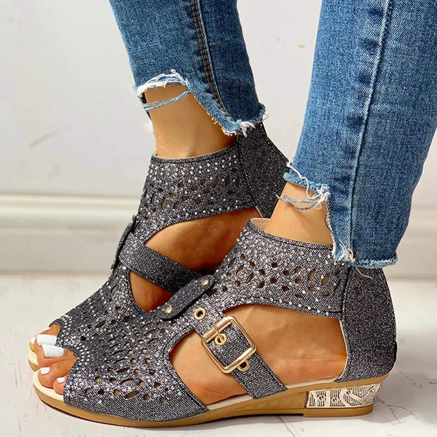 Wedge Sandals for Women Dressy Summer,Women Open Toe Sandal Hollow Out Gladiator Sandals High Top Ankle Zipper