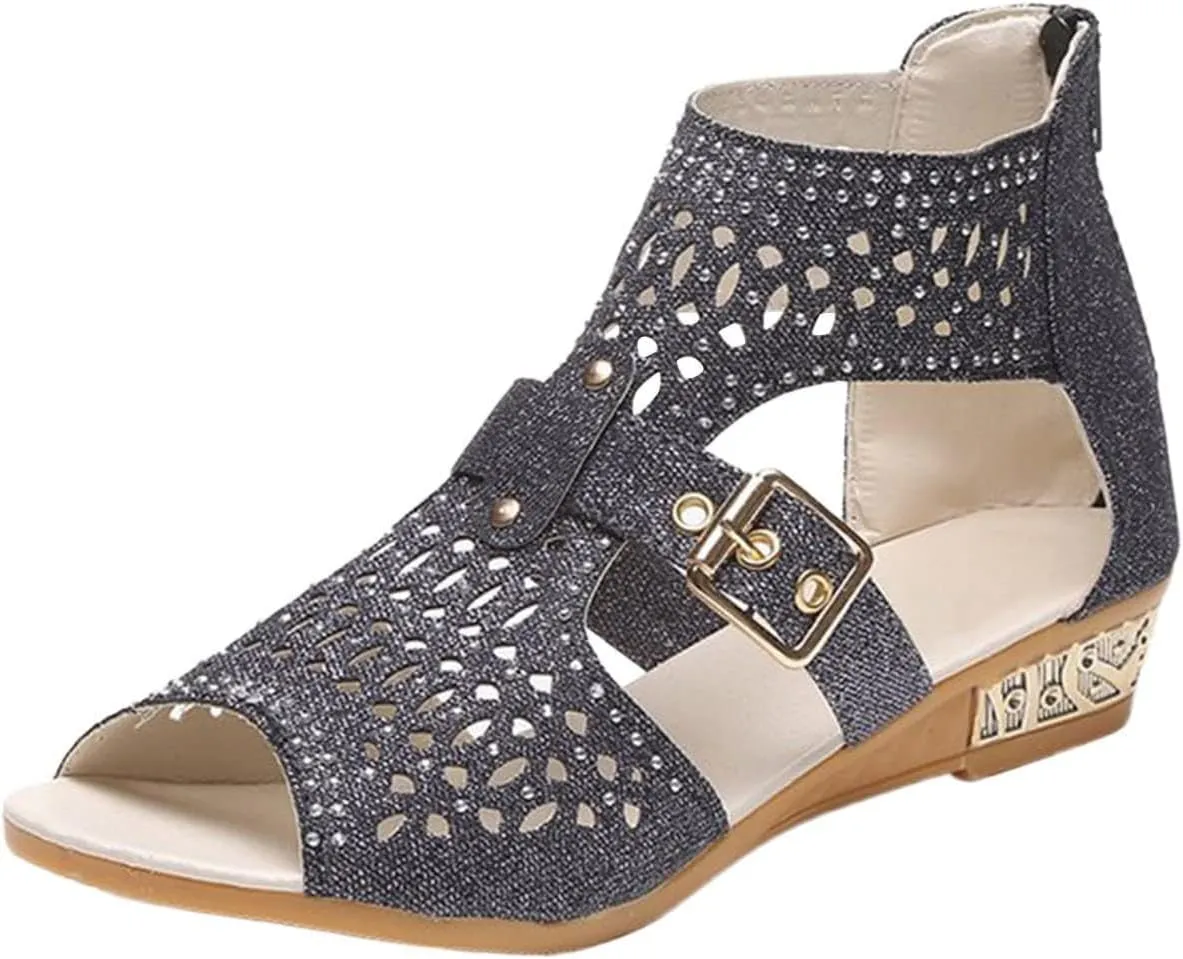 Wedge Sandals for Women Dressy Summer,Women Open Toe Sandal Hollow Out Gladiator Sandals High Top Ankle Zipper