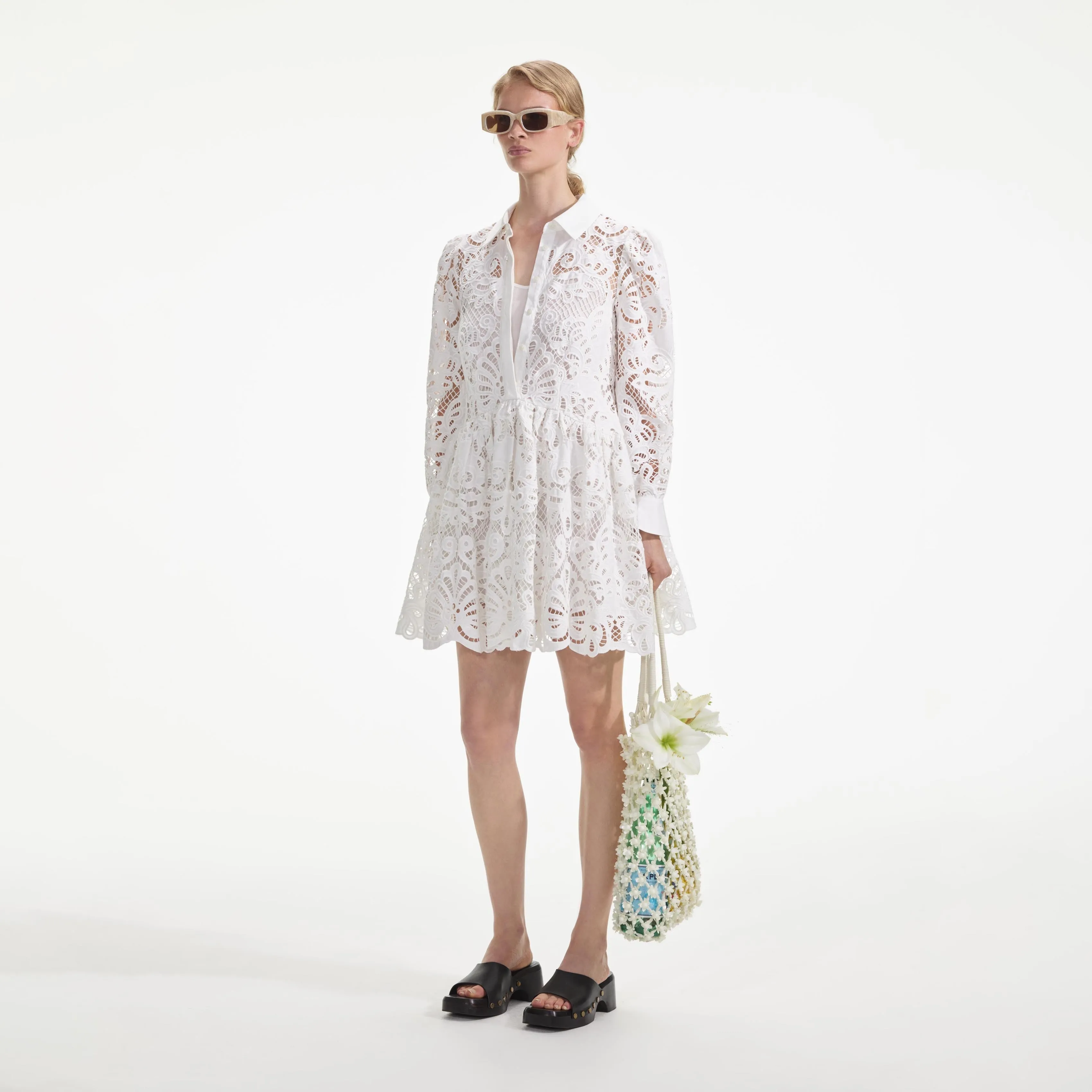 White Cotton Lace Mini Shirt Dress