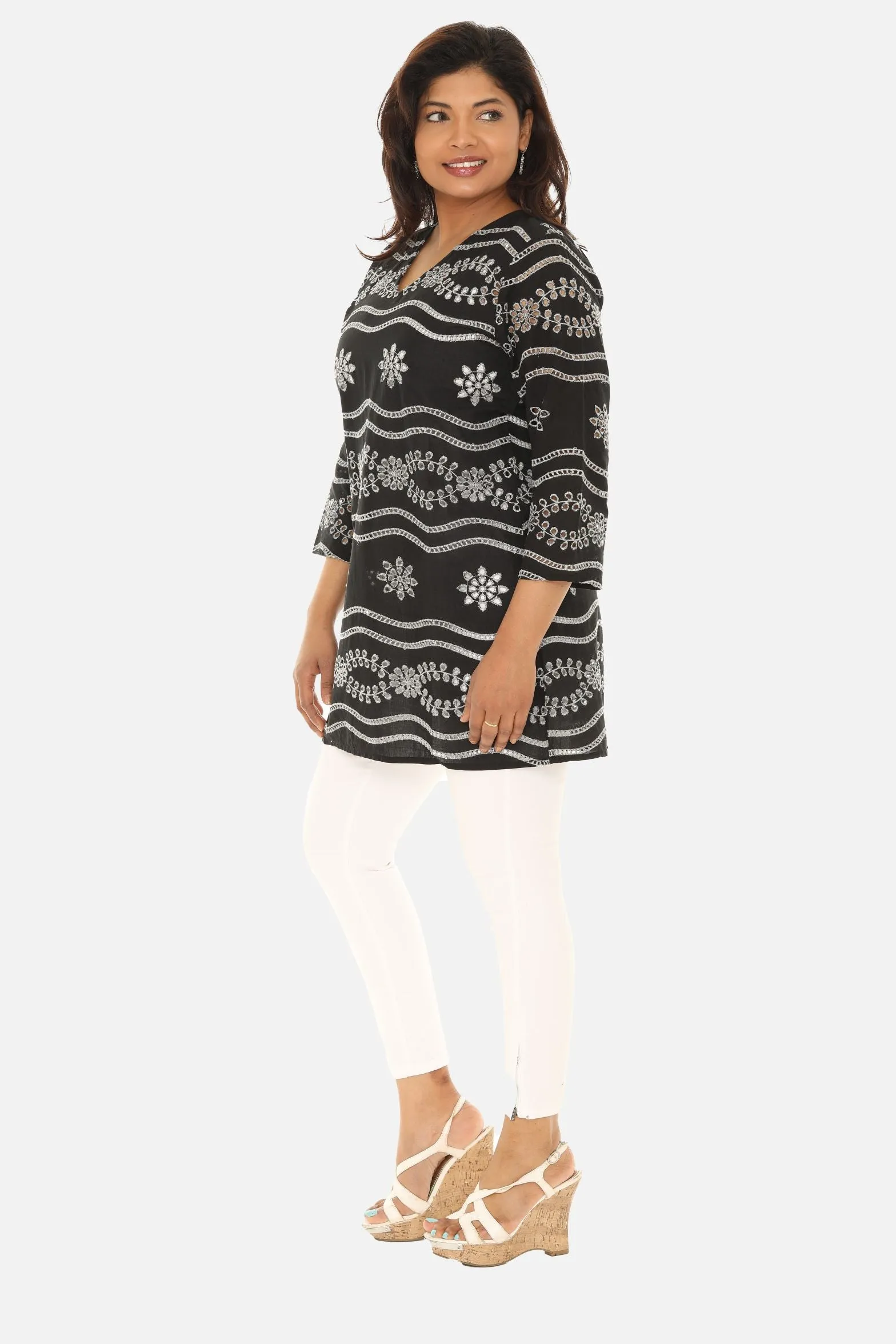 White Sheer Eyelet Three-Quarter Sleeve V-Neck Tunic