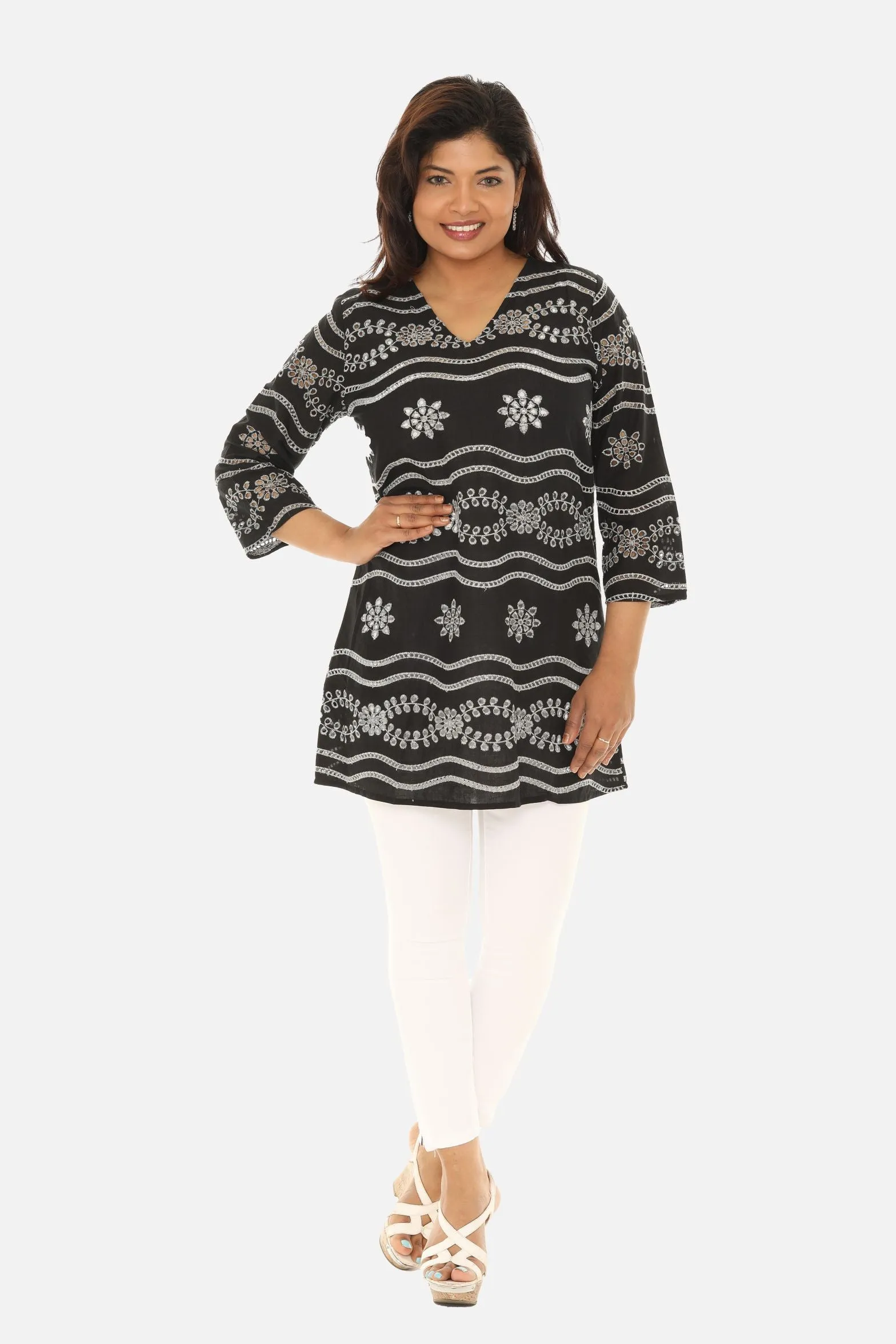 White Sheer Eyelet Three-Quarter Sleeve V-Neck Tunic