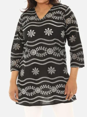 White Sheer Eyelet Three-Quarter Sleeve V-Neck Tunic