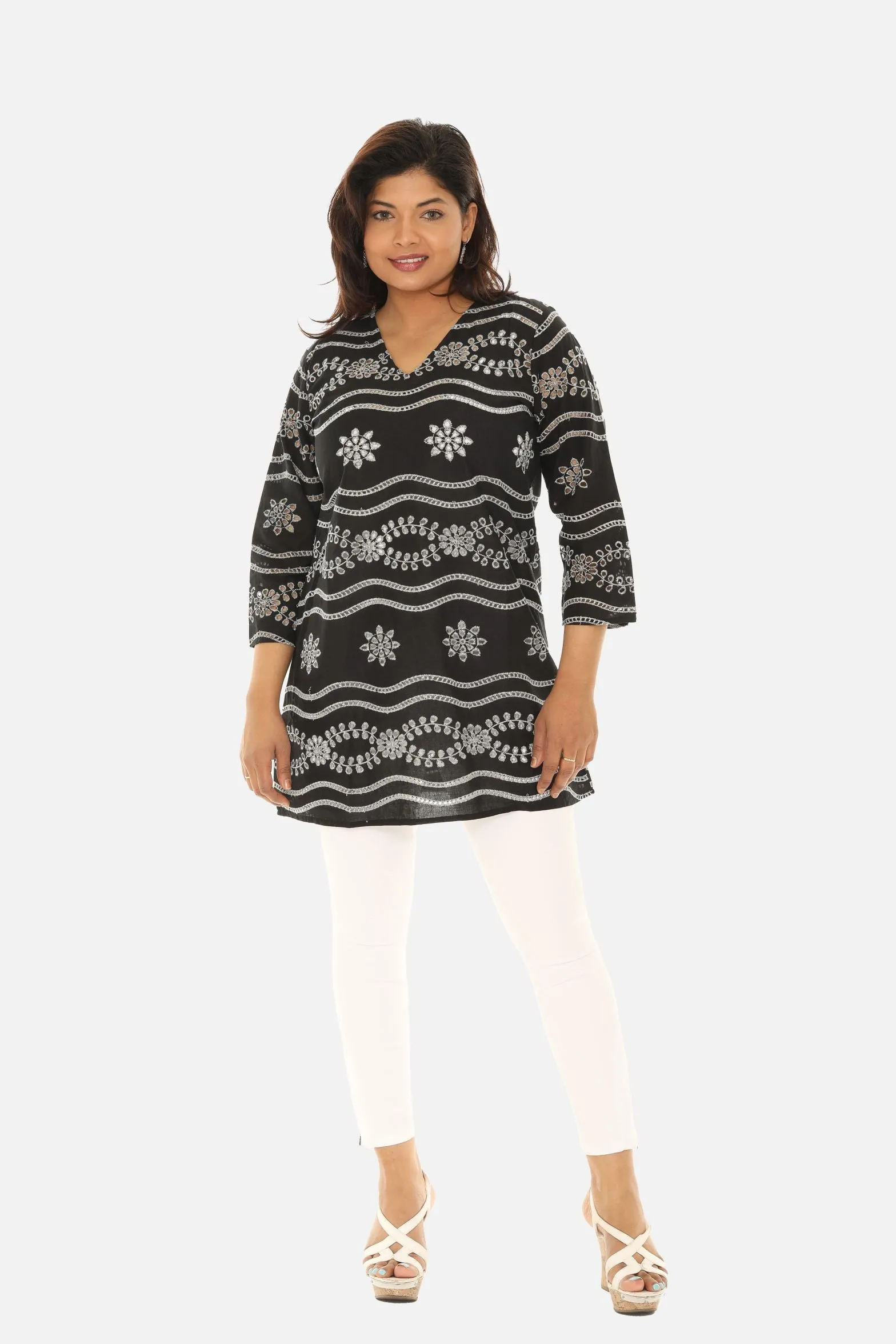 White Sheer Eyelet Three-Quarter Sleeve V-Neck Tunic