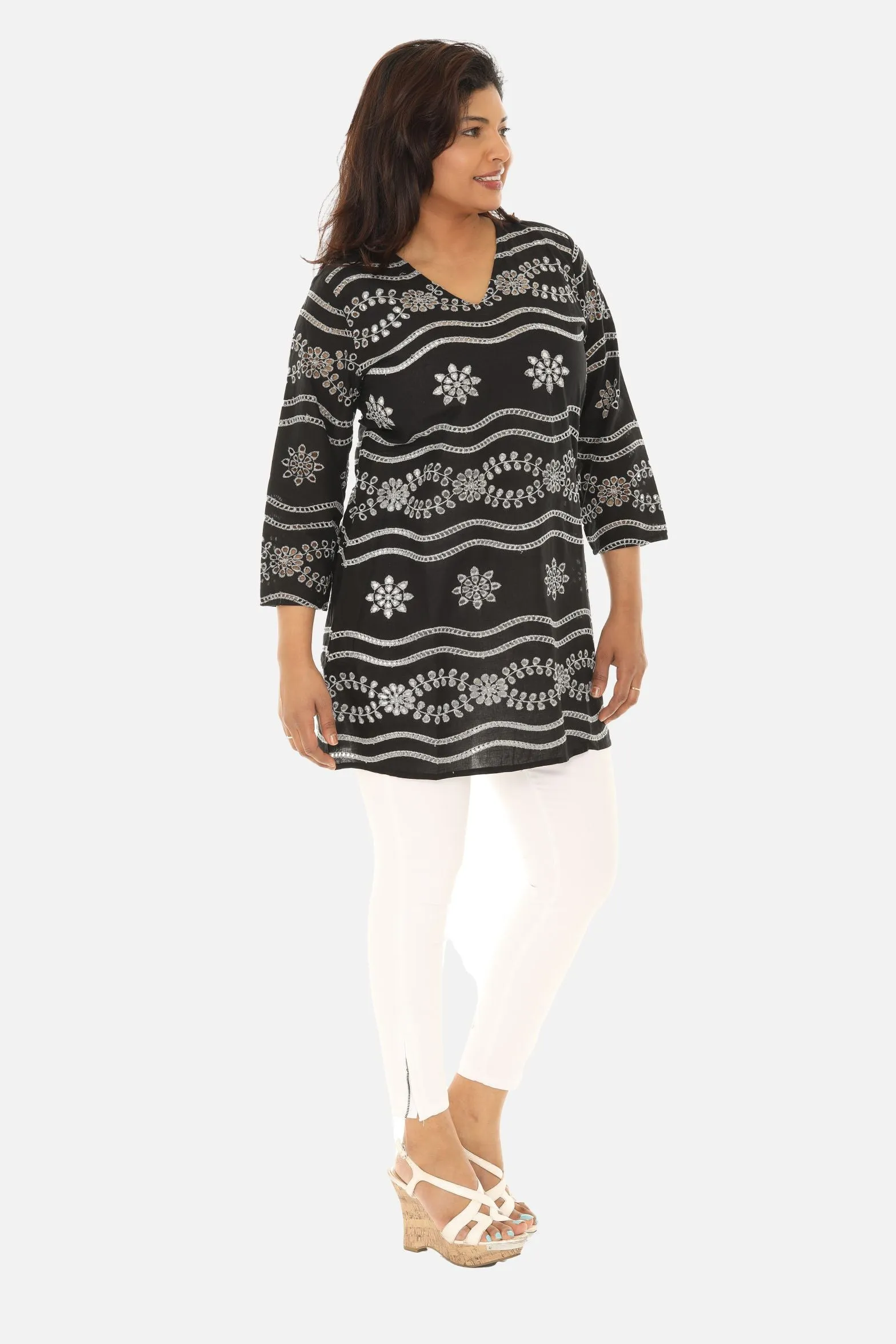 White Sheer Eyelet Three-Quarter Sleeve V-Neck Tunic