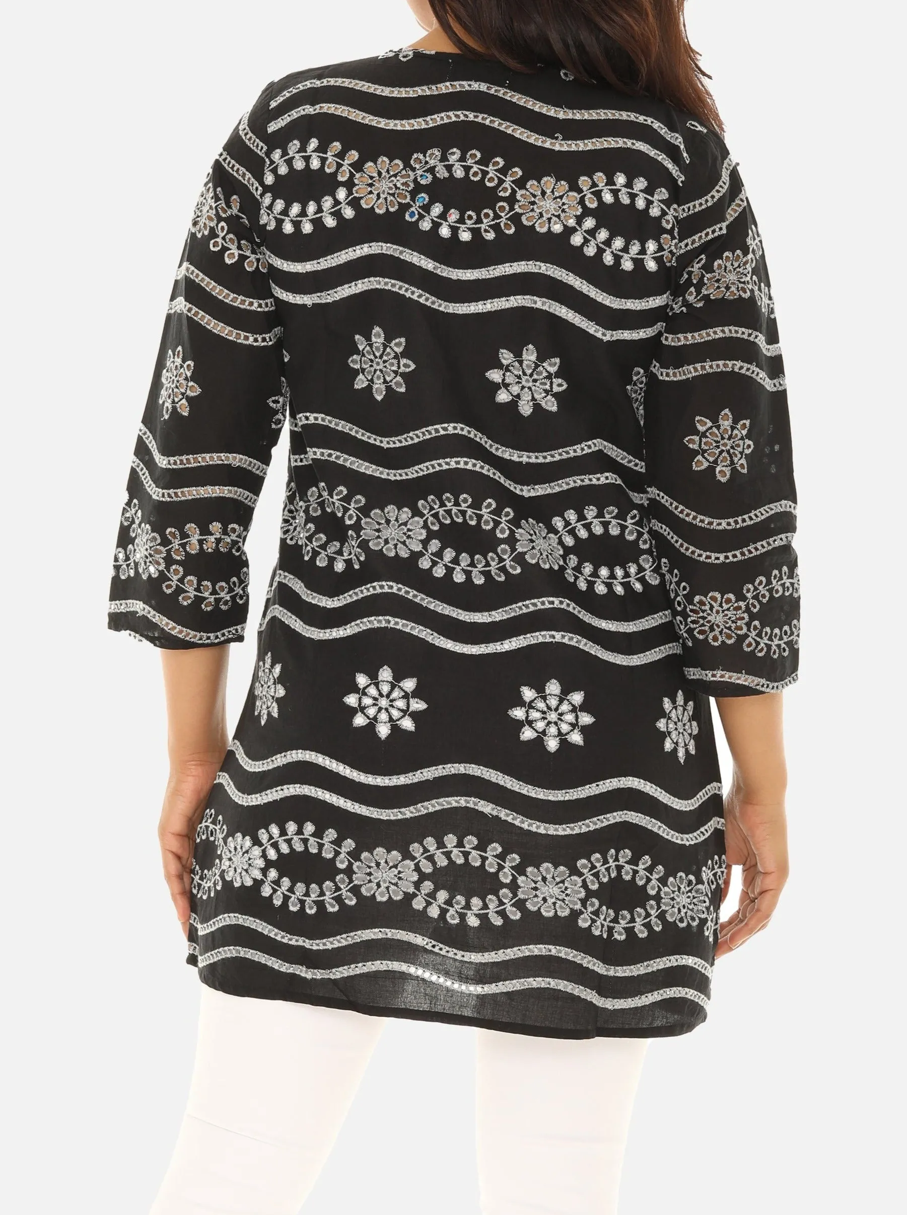 White Sheer Eyelet Three-Quarter Sleeve V-Neck Tunic