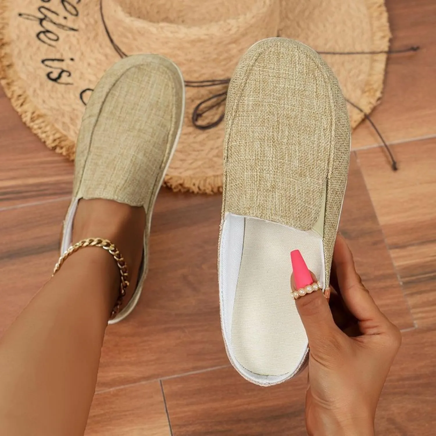 Women Canvas Slip On Lightweight Mule Sneaker Summer Fashion Open Back Flats, Closed Round Toe Low Top Loafer Casual Comfort Walking Sandals