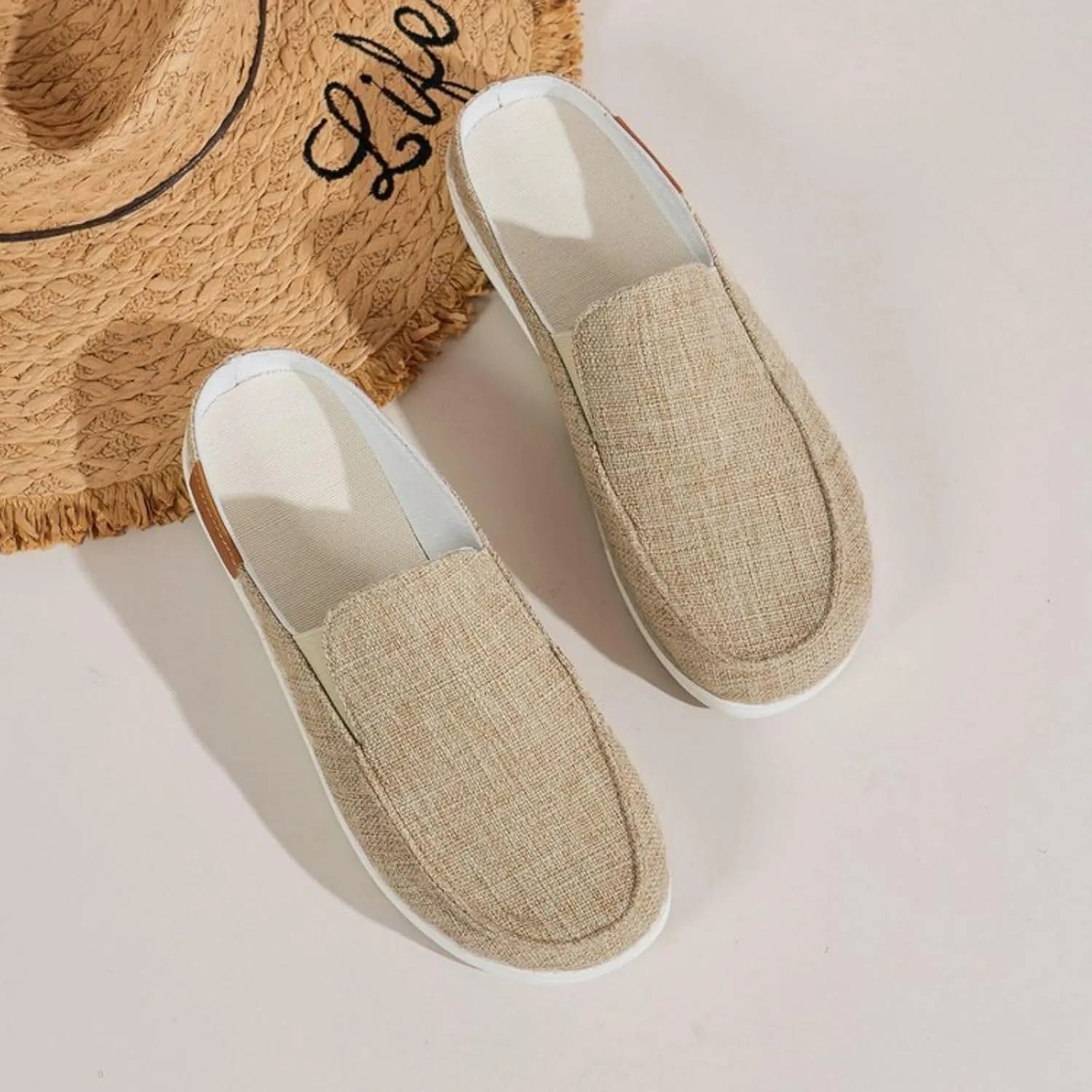 Women Canvas Slip On Lightweight Mule Sneaker Summer Fashion Open Back Flats, Closed Round Toe Low Top Loafer Casual Comfort Walking Sandals
