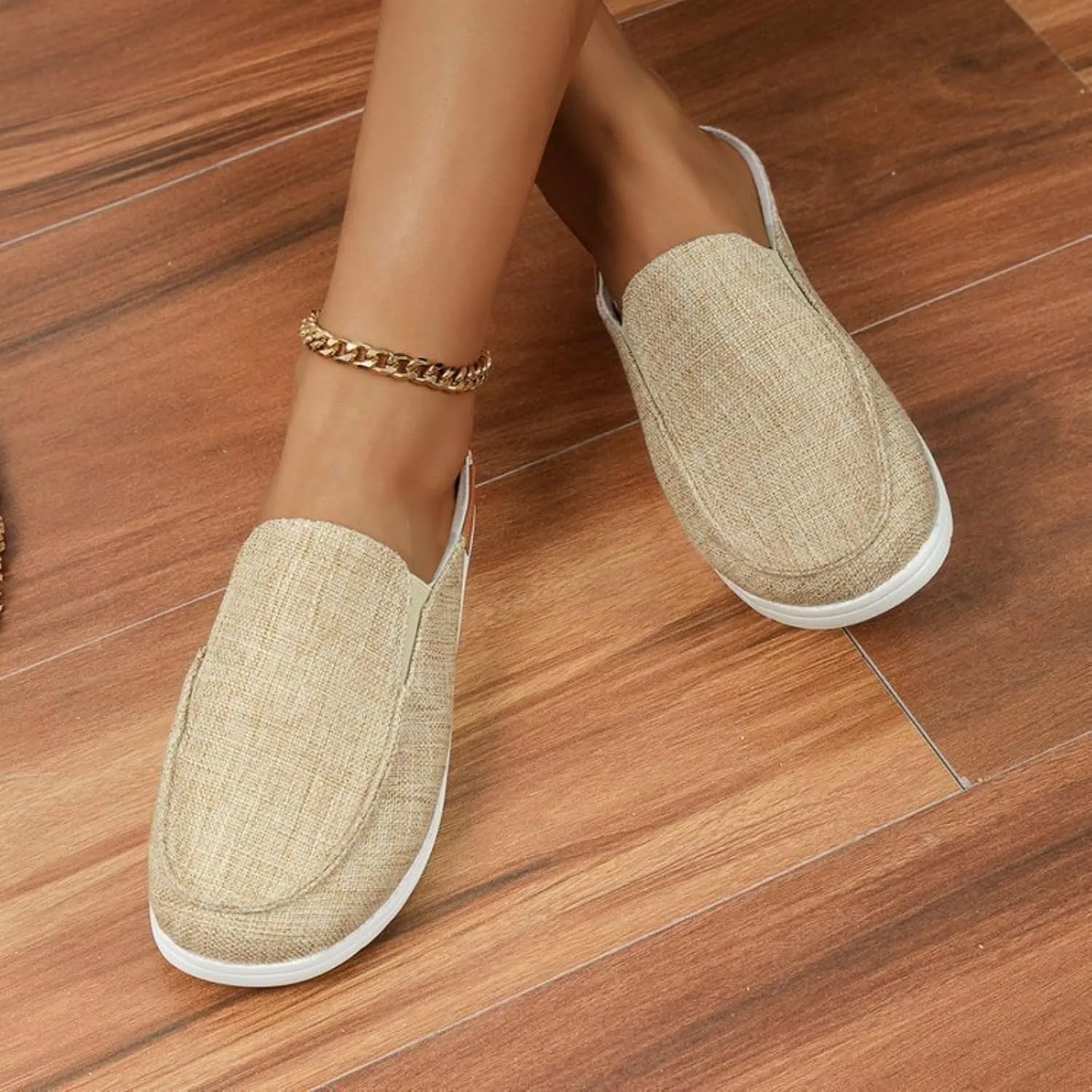 Women Canvas Slip On Lightweight Mule Sneaker Summer Fashion Open Back Flats, Closed Round Toe Low Top Loafer Casual Comfort Walking Sandals