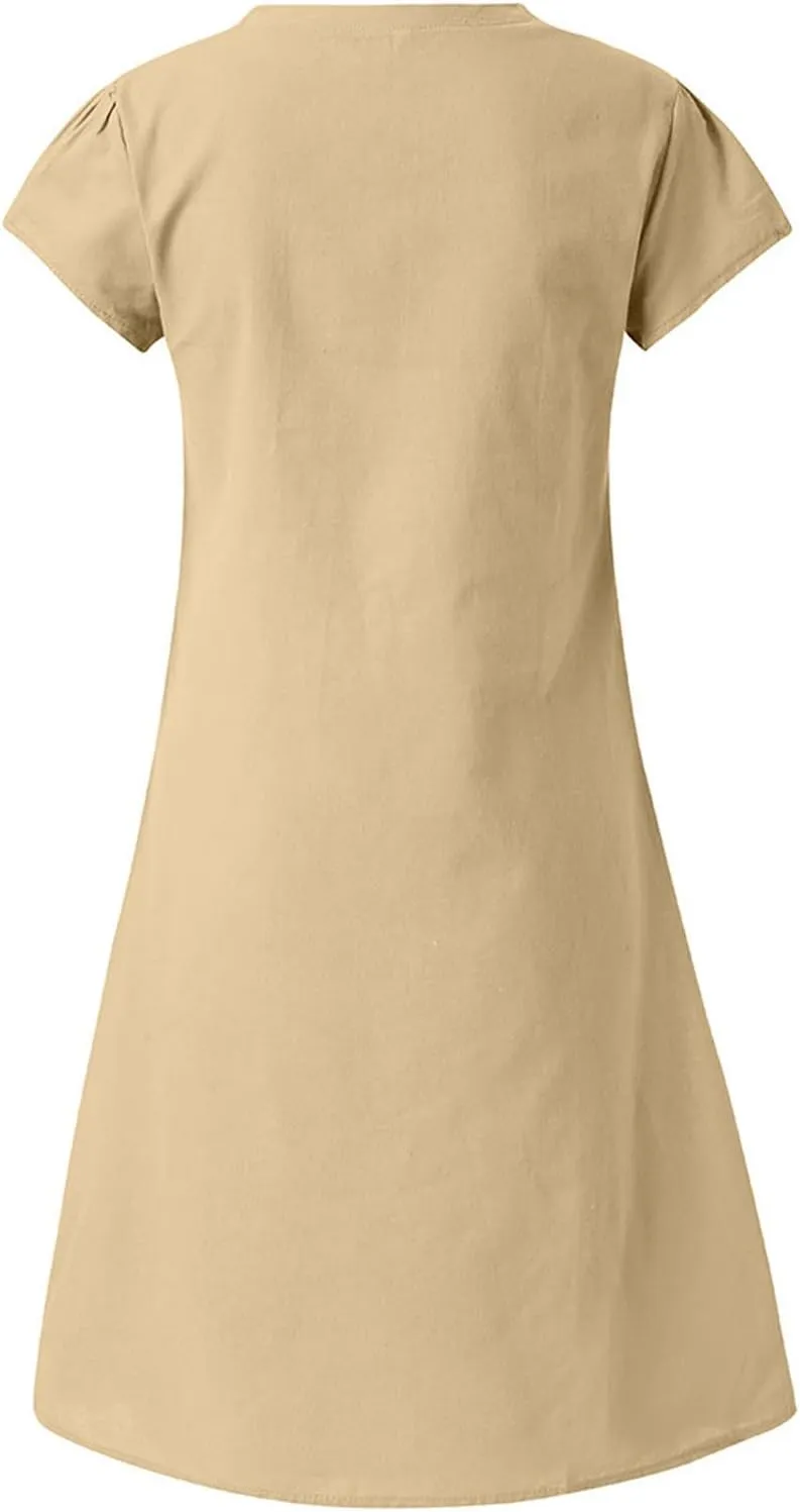 Women Dresses Summer Plus Size Short Sleeve V Neck Mini Dress Casual Loose Comfy Cotton Linen Knee Length Dress