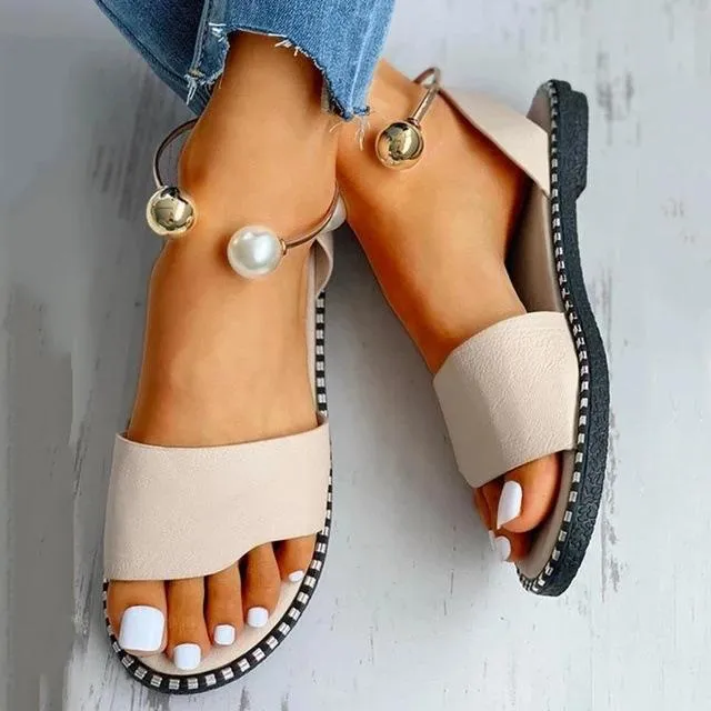 Women fashion slip on open toe flat rhinestone sandals