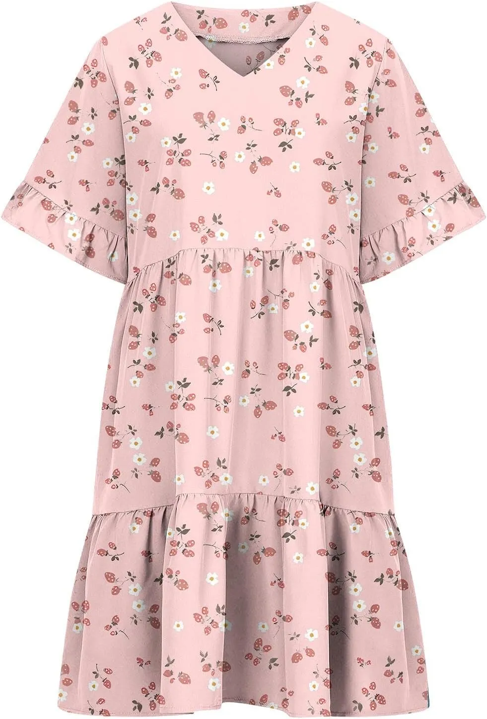 Womens 2025 Summer Art Print V-Neck Dress Short Sleeve Tiered Ruffle Lightweight Flowy Mini Design Plus Size
