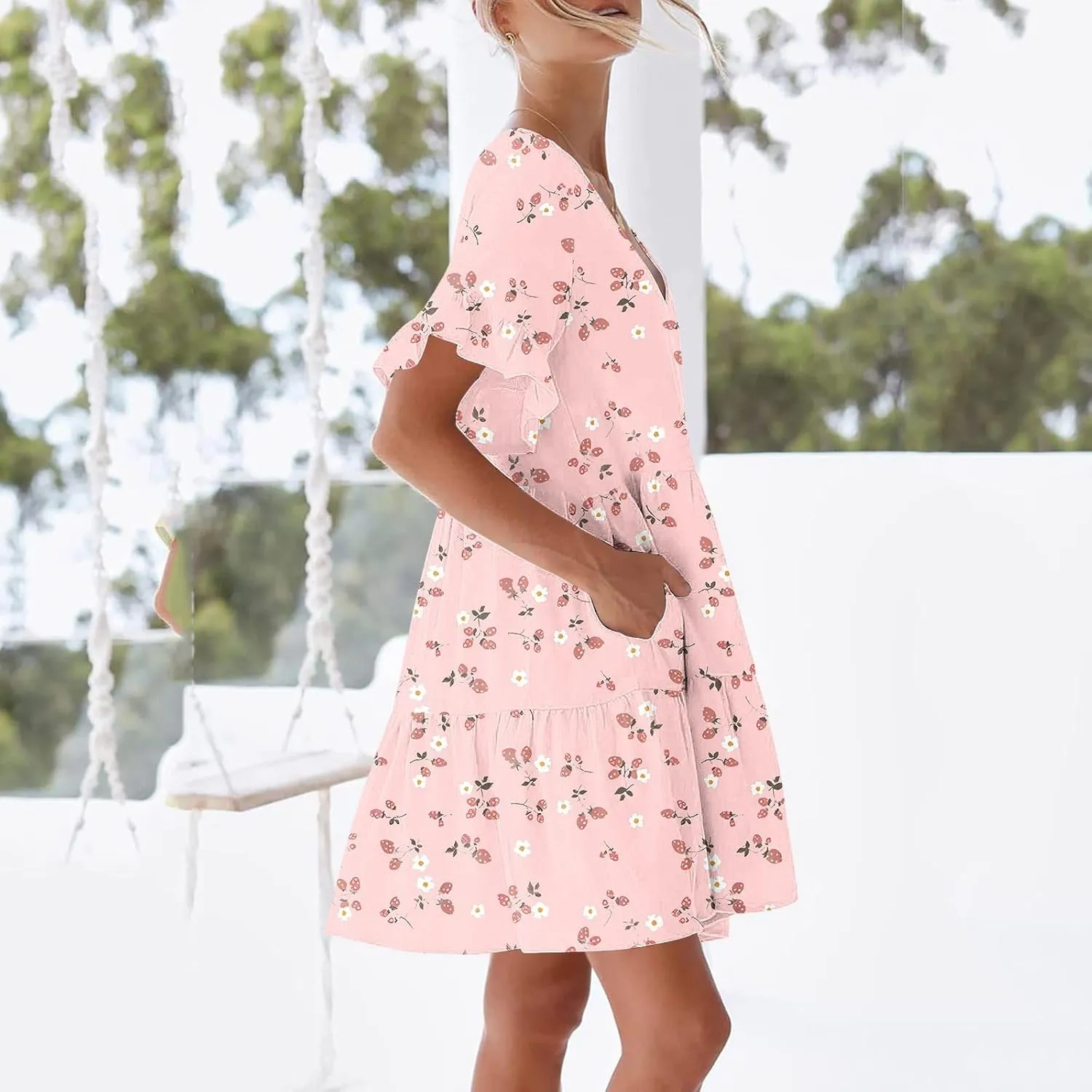 Womens 2025 Summer Art Print V-Neck Dress Short Sleeve Tiered Ruffle Lightweight Flowy Mini Design Plus Size