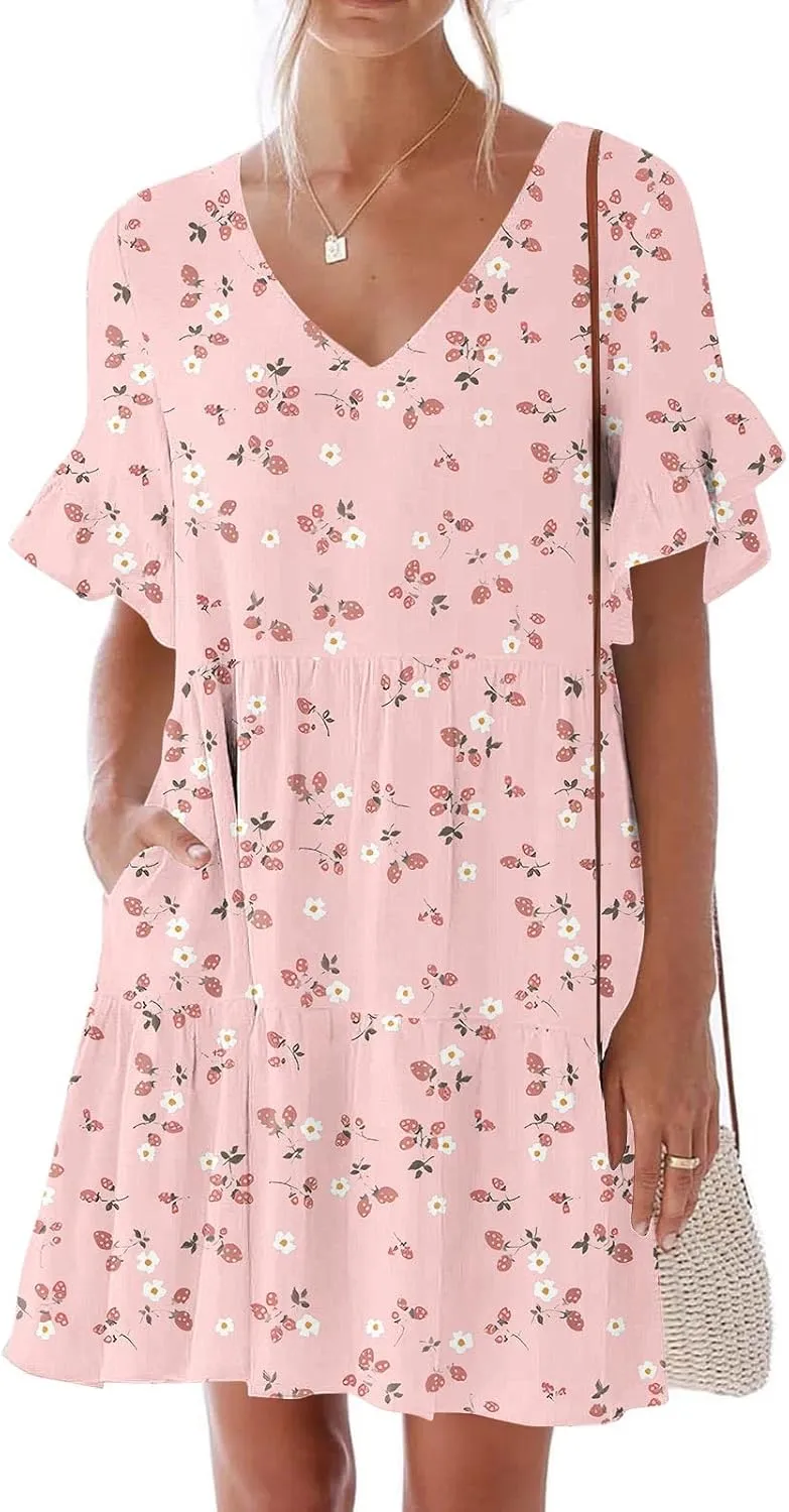 Womens 2025 Summer Art Print V-Neck Dress Short Sleeve Tiered Ruffle Lightweight Flowy Mini Design Plus Size