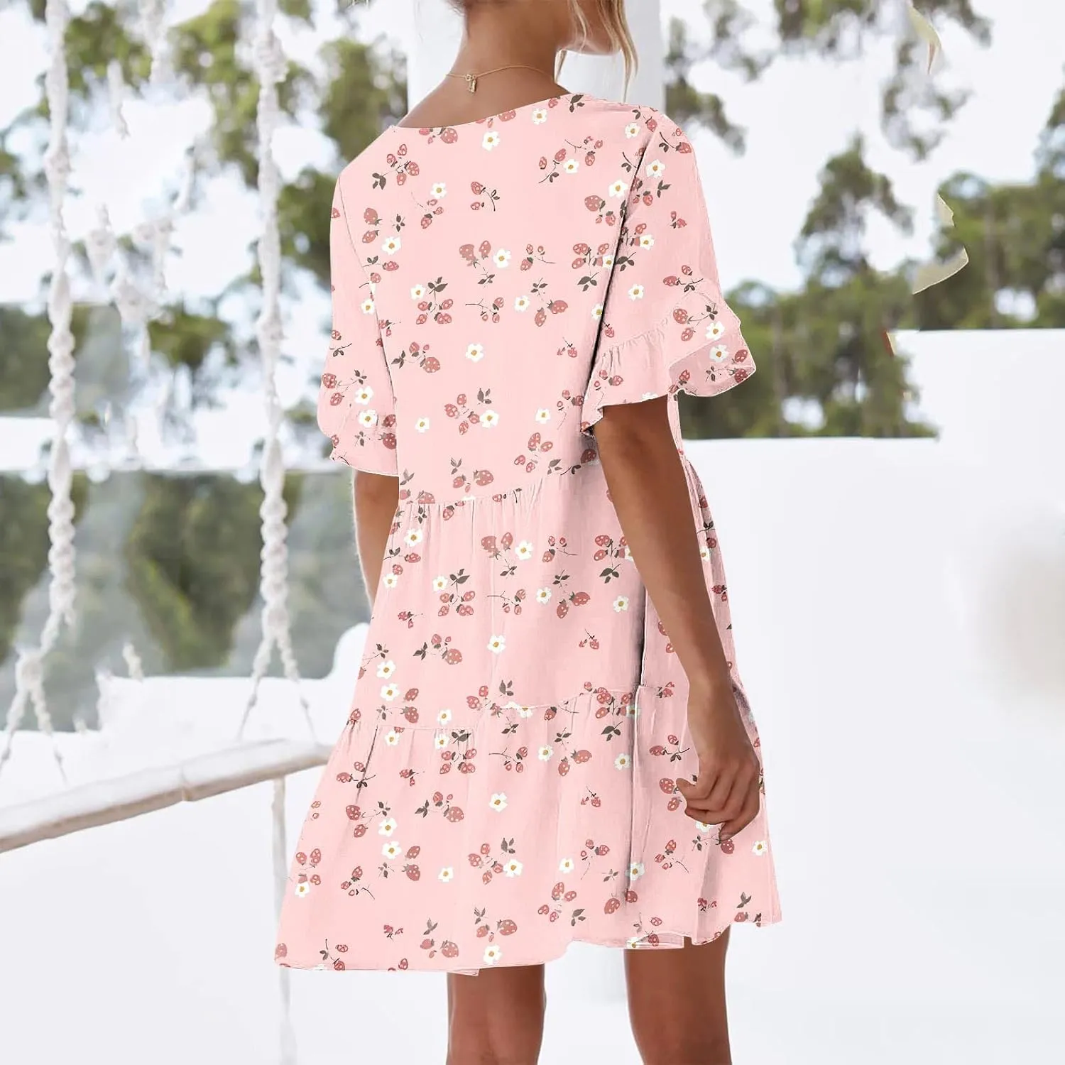 Womens 2025 Summer Art Print V-Neck Dress Short Sleeve Tiered Ruffle Lightweight Flowy Mini Design Plus Size