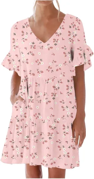 Womens 2025 Summer Art Print V-Neck Dress Short Sleeve Tiered Ruffle Lightweight Flowy Mini Design Plus Size