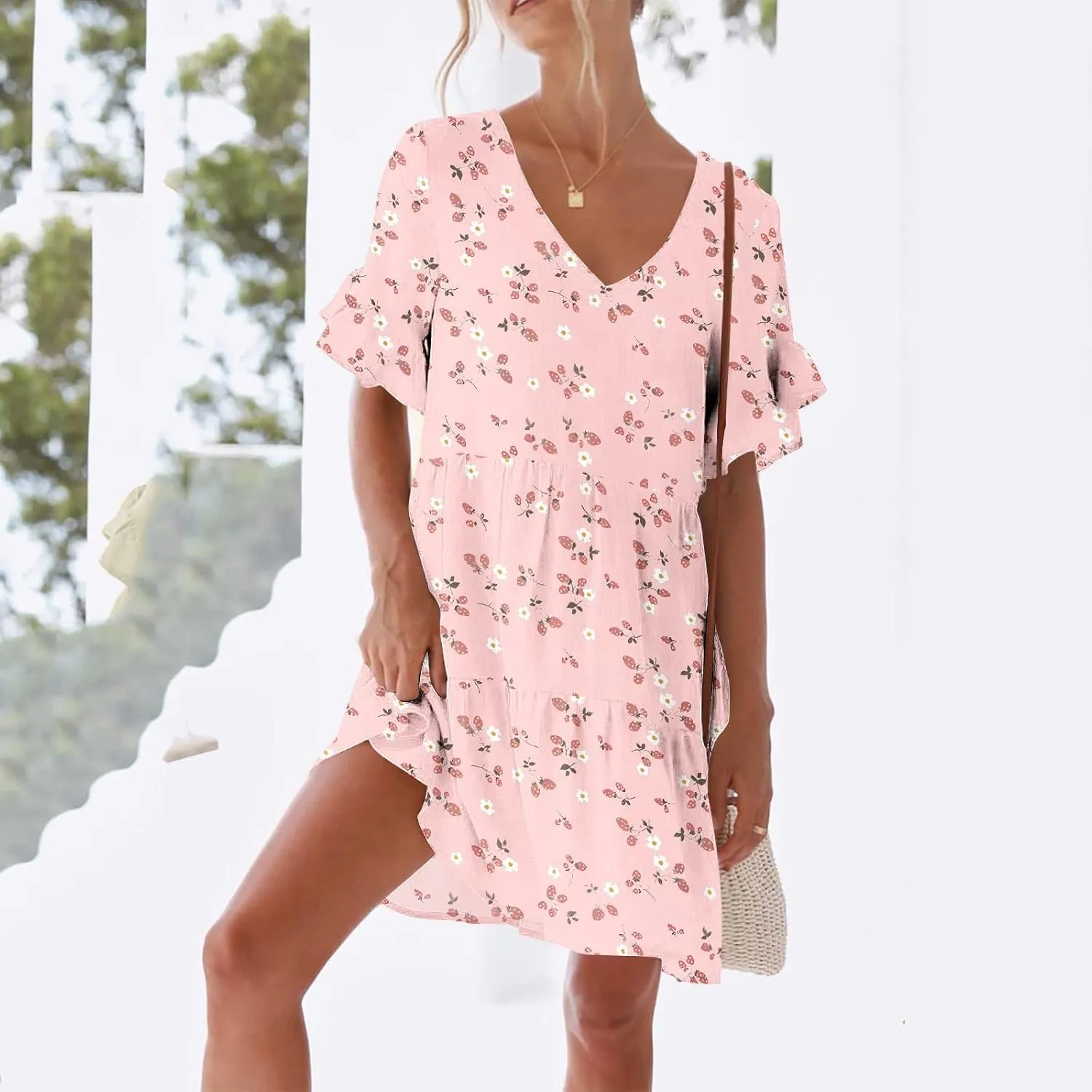 Womens 2025 Summer Art Print V-Neck Dress Short Sleeve Tiered Ruffle Lightweight Flowy Mini Design Plus Size