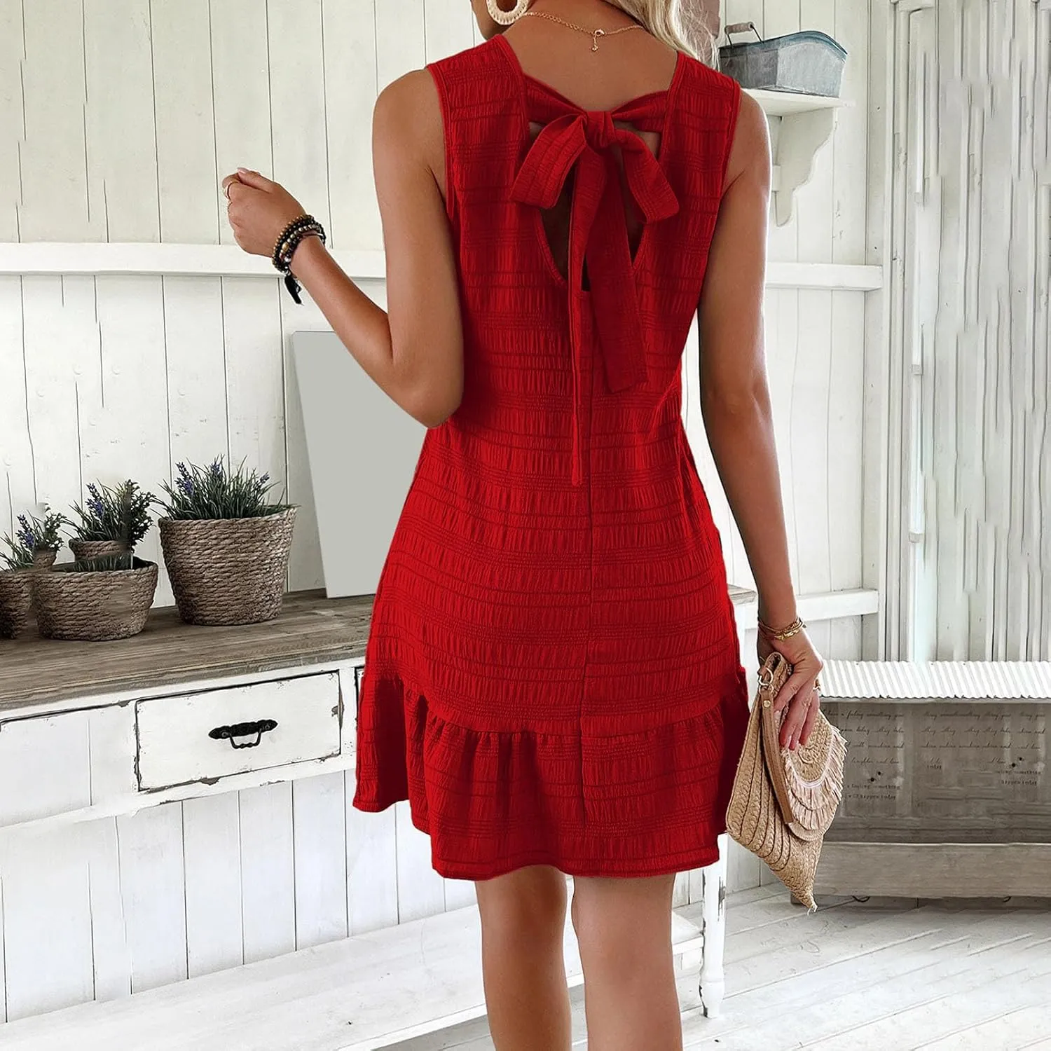 Womens Sleeveless Summer Dresses Crew Neck Ruffle Mini Dress Casual Tshirt Dress Trendy Beach Vacation Outfits Sundress