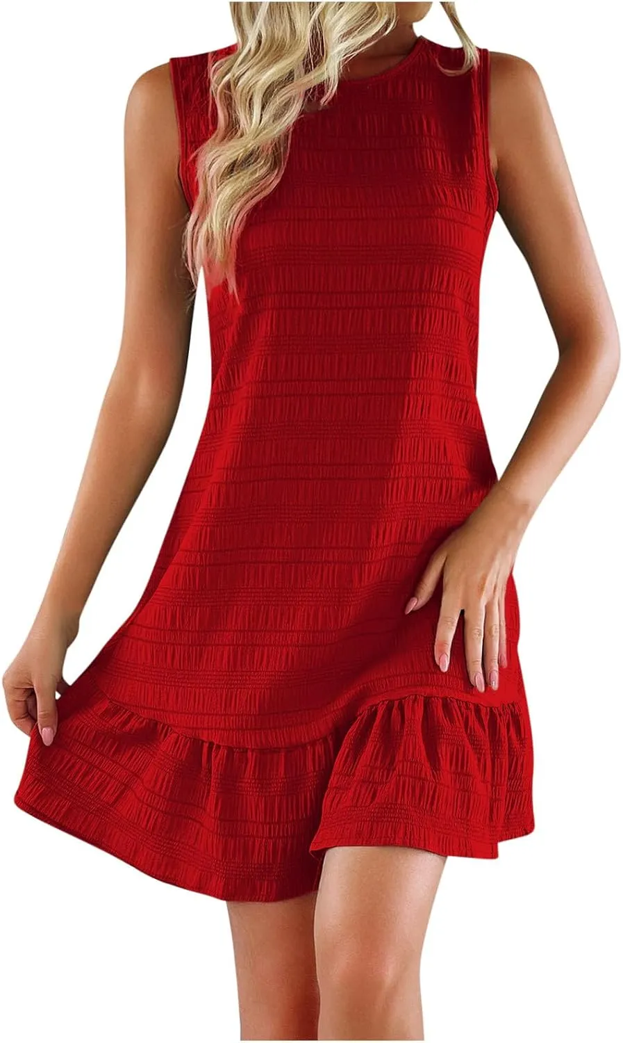 Womens Sleeveless Summer Dresses Crew Neck Ruffle Mini Dress Casual Tshirt Dress Trendy Beach Vacation Outfits Sundress