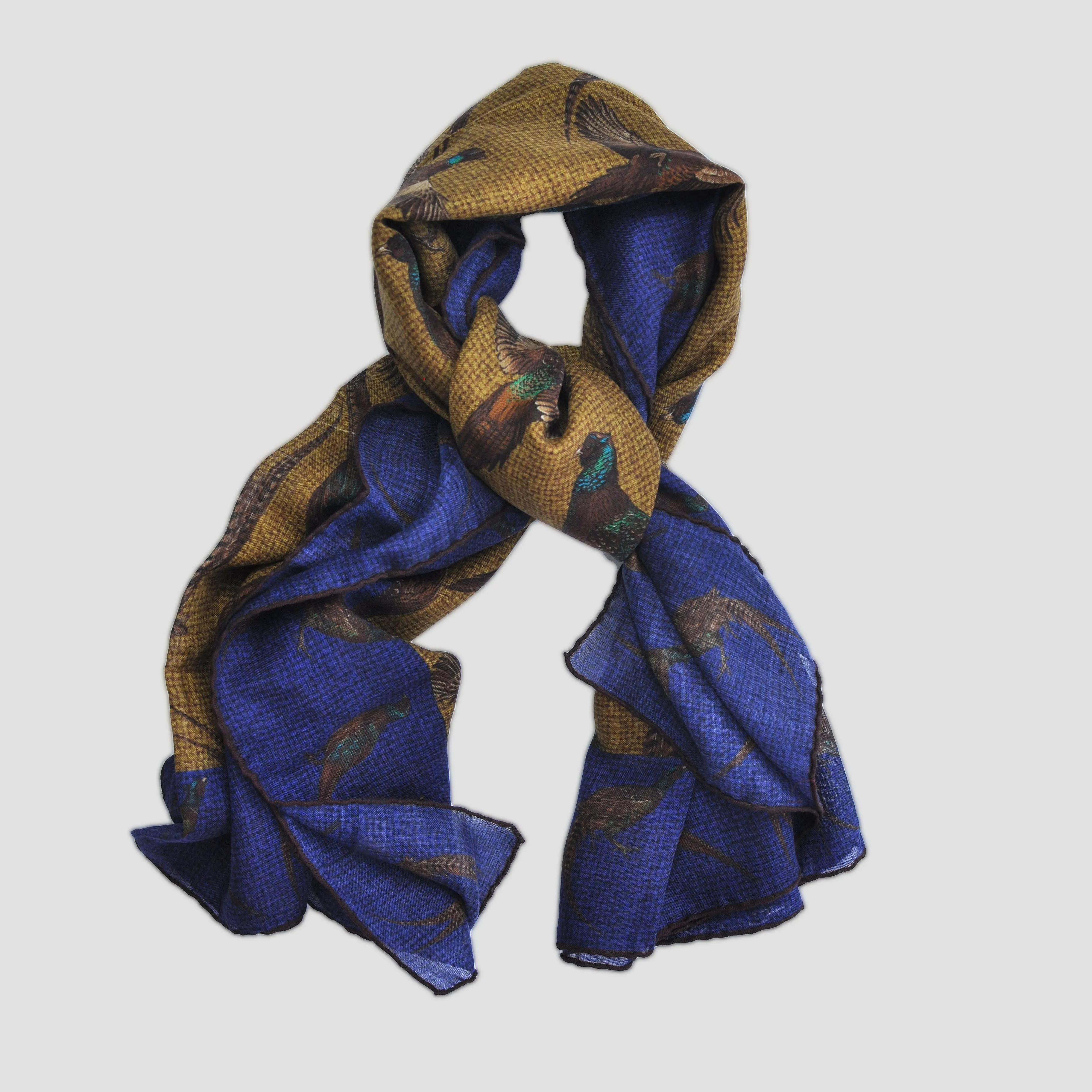 Wool Silk Pheasant Large Square in Blue, Ochre & Brown