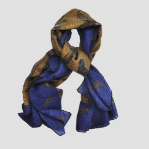 Wool Silk Pheasant Large Square in Blue, Ochre & Brown